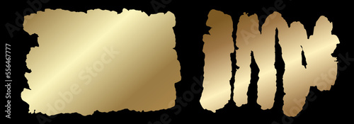 Gold sticker. Set of vector template for design. Stain of metallic paint on a white background. Golden flyer. Gold paint. Luxury golden texture backdrop for design. Empty blank for text.