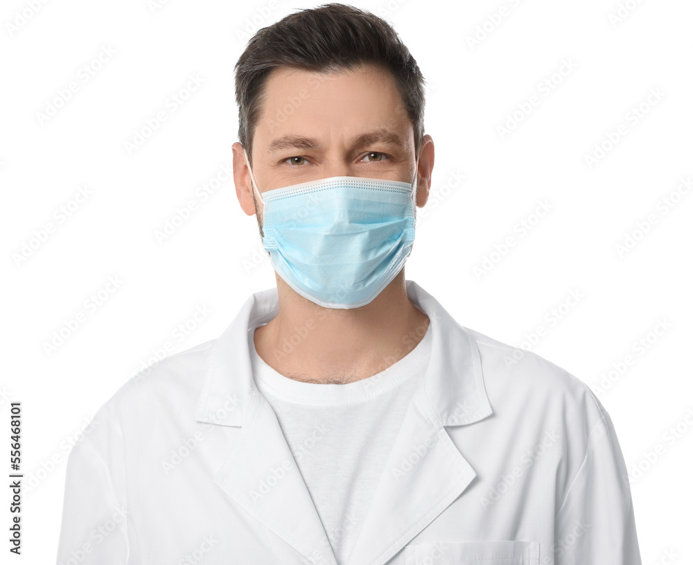 Doctor or medical assistant (male nurse) in uniform with protective mask on white background Doctor or medical assistant (male nurse) in uniform with protective mask on white background