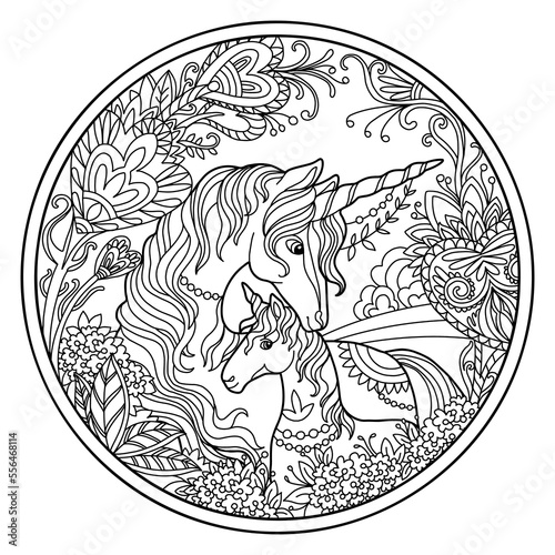 Unicorn and foal in flowers round coloring vector illustration