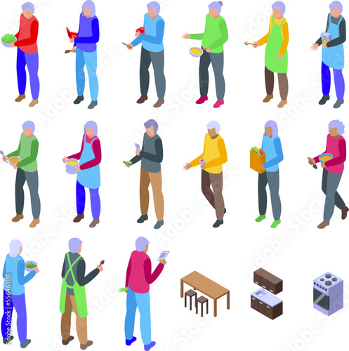 Older people cooking icons set isometric vector. Woman cook. Grandma elder