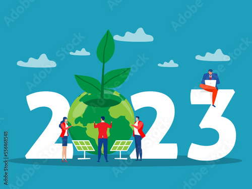 2023 Happy business man water the planet Earth World Earth Day ESG concept of conservation, protection and reasonable consumption of natural resources