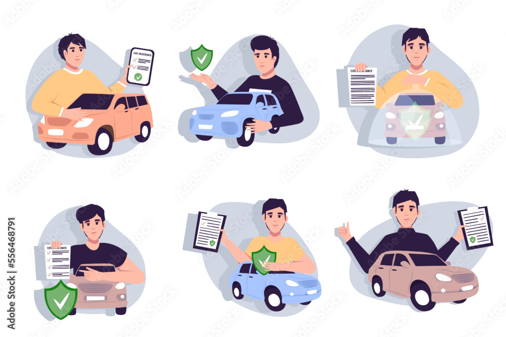Car insurance coverage concept. Automobile protection, security, safety set. People protecting car with insurance and signing form with red auto. Car insurance coverage concept. Automobile protection, security, safety set. People protecting car with insurance and signing form with red auto.