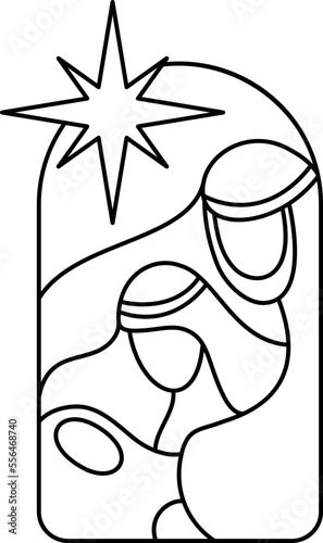 Vector Christmas Christian religious Nativity Scene of baby Jesus with Mary and Joseph with star. Logo icon illustration sketch. Doodle hand drawn with black lines