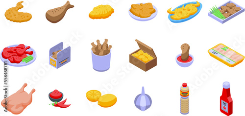 Fried chicken wings icons set isometric vector. Roast spicy. Meat dish