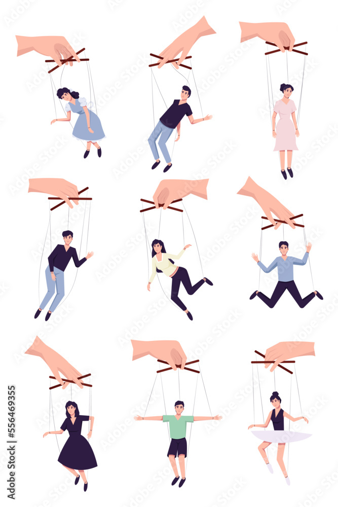 Set of people hang on ropes. Puppeteer and puppets. Manipulator playing with men and women. Characters being controlled by master, domination or authority
