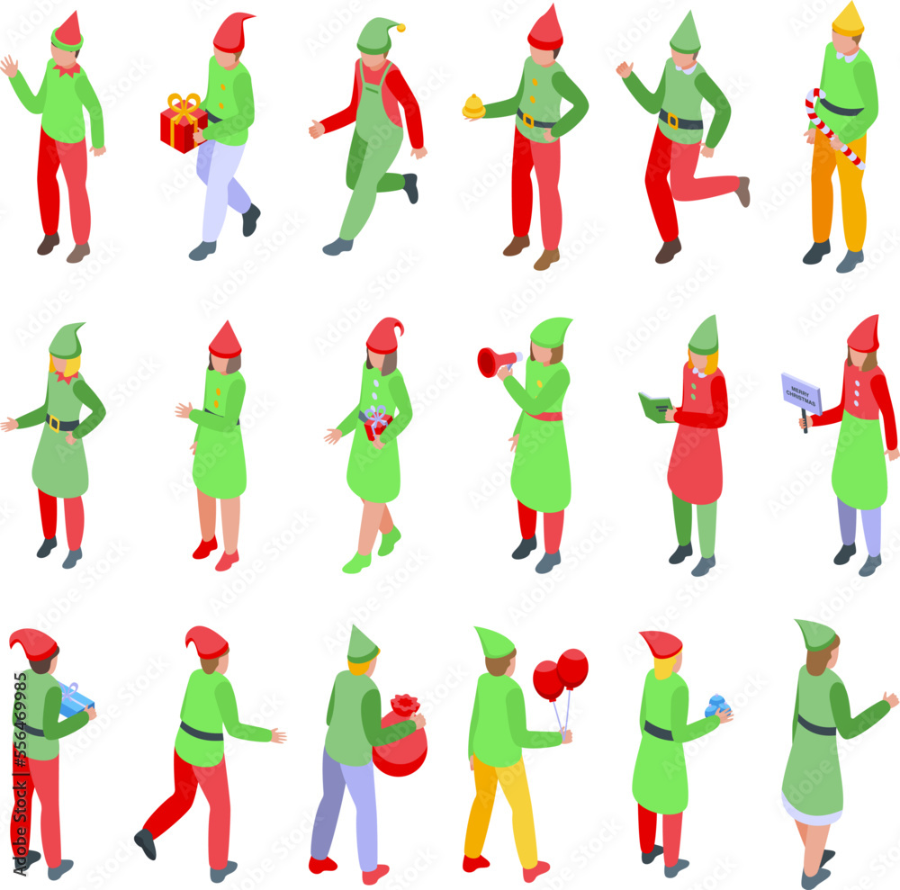 Fototapeta premium Elf icons set isometric vector. Santa elves. Kid dwarf