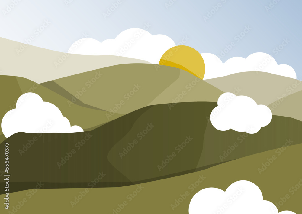 Fototapeta premium Landscape from different heights of green hills with sun