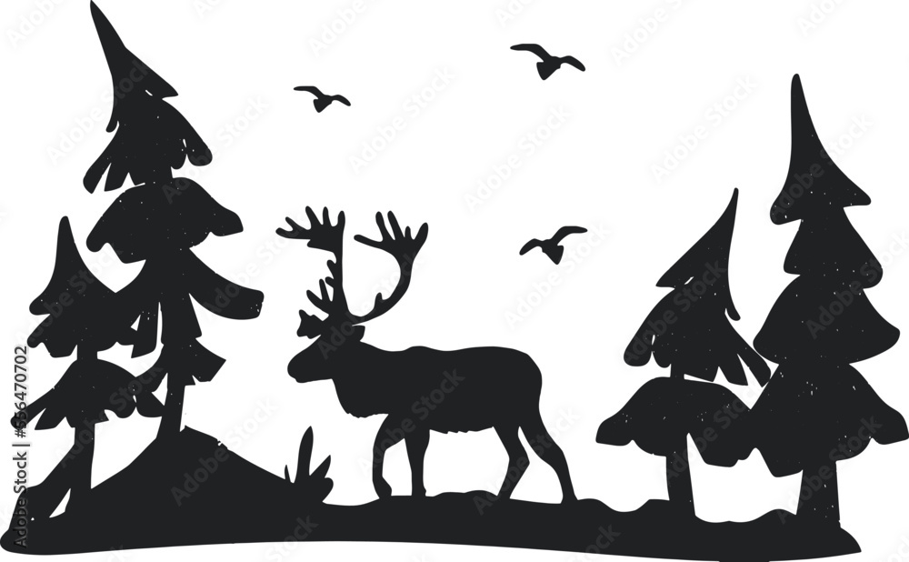 Fototapeta premium forest landscape and deer vector silhouette. eps