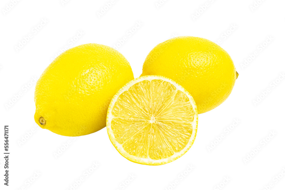 Lemon citrus fruits, whole, half and slice isolated on transparent background Lemon citrus fruits, whole, half and slice isolated on transparent background