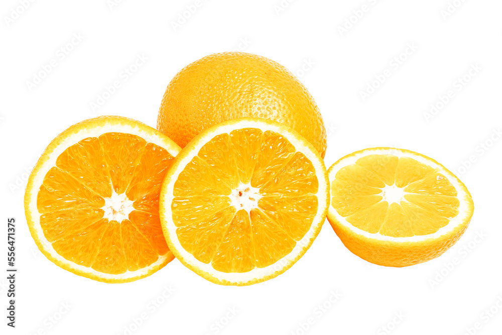 Orange citrus fruits, whole, half and slice isolated on transparent background Orange citrus fruits, whole, half and slice isolated on transparent background