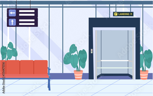 Interior of airport terminal waiting room or departure lounge with chairs and information panels, lift. Terminal hall with big airport window.