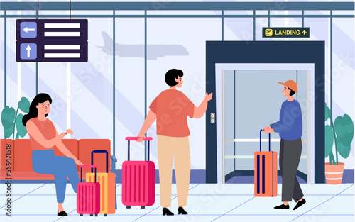 Passengers Waiting in airport terminal Lounge, departure hall with chairs, window, lift, airplane on background.