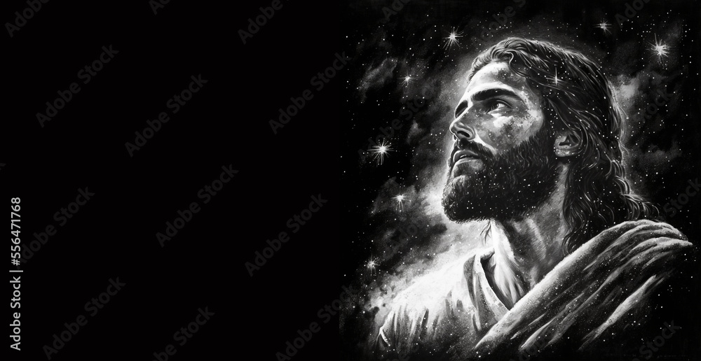 Jesus Christ Banner Illustration, Face of Jesus Drawing Copy Space, Christian God, Catholic Imagery, Generative AI