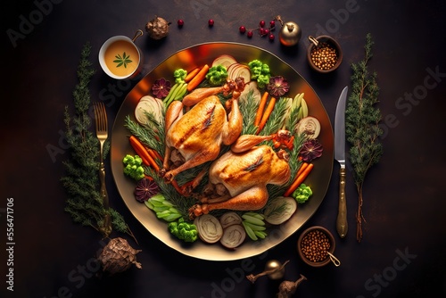 Concept of Christmas or New Year dinner with roasted chicken and various vegetables dishes. Top view.