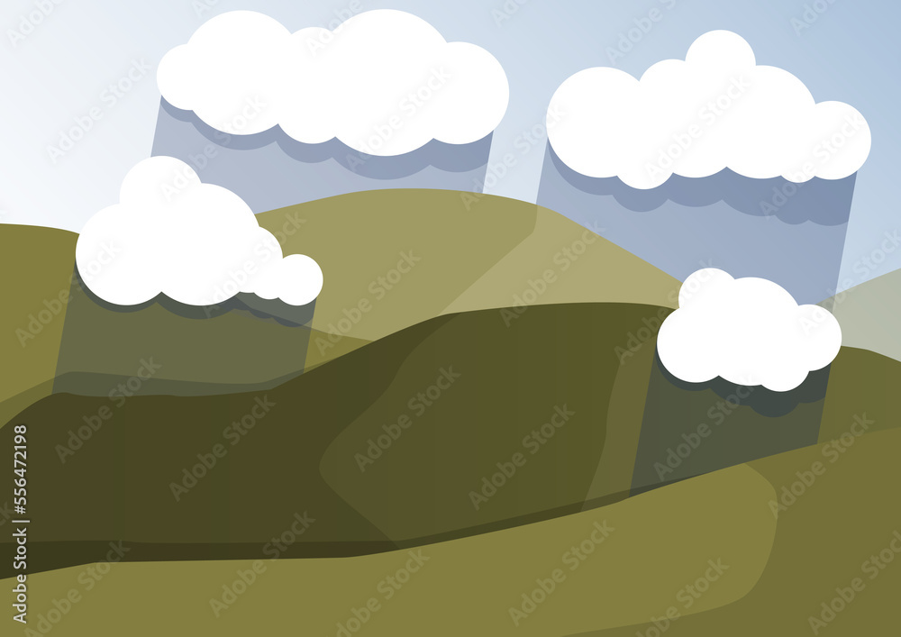 Landscape with green hills and white clouds from which it is raining Landscape with green hills and white clouds from which it is raining