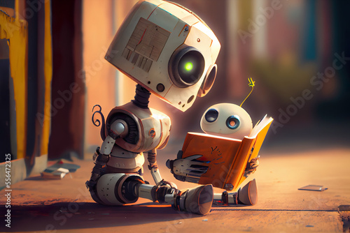 A charming 3d art piece featuring a robotic father and son showcases the wonders of machine learning. Both robots are seen engrossed in reading. photo