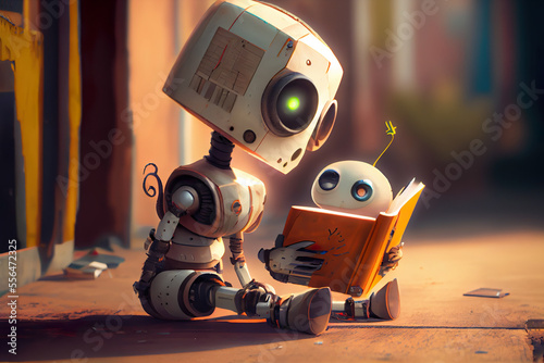 A charming 3d art piece featuring a robotic father and son showcases the wonders of machine learning. Both robots are seen engrossed in reading.