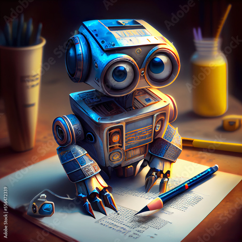 Adorable 3d robot with its big eyes keenly resting on paper, this image conjures up the vision of machine learning in motion!