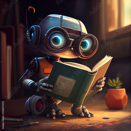3D creation that captures the joy of machine learning! This cute little robot with its big eyes reading a book