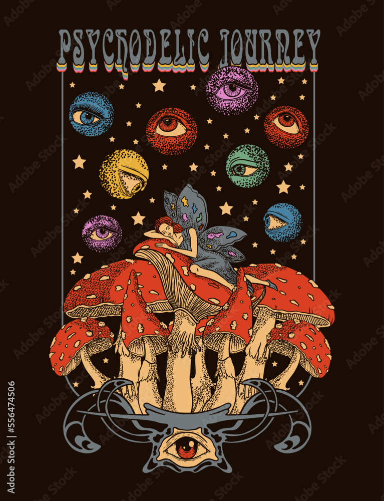 Fototapeta Psychedelic poster with fly agaric, fairy and planets, psychedelic journey, retro psychedelic t-shirt print