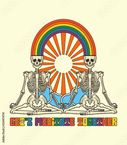 meditating skeletons, sun and rainbow, psychedelic t-shirt print