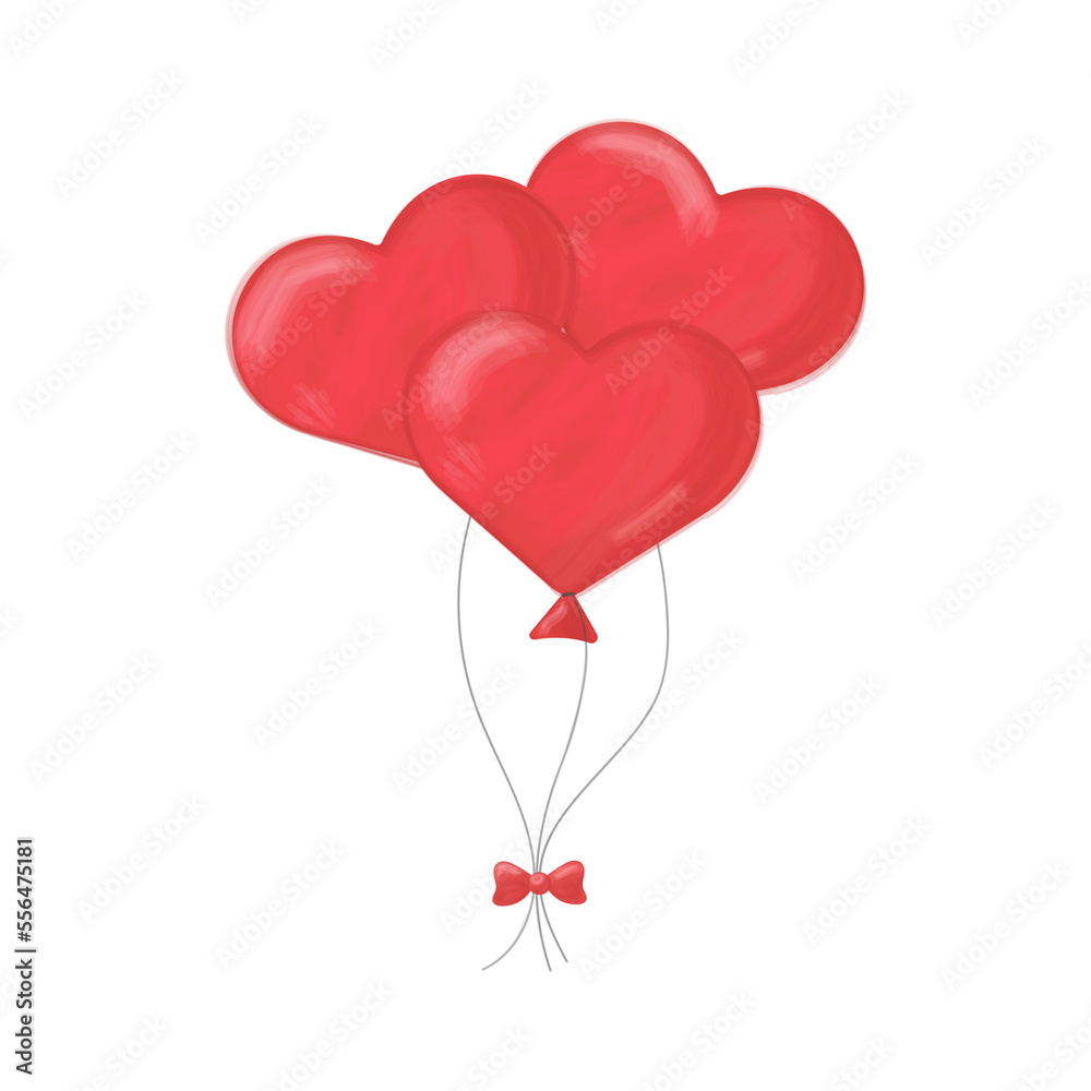 Three heart shaped balloons isolated on white background, watercolor effect. St valentine's day