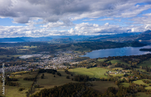 drone shot of lake in southern chile