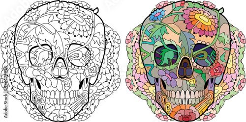 Zentangle stylized scull on mandala. Hand drawn decorative vector illustration for coloring. Color and outline set