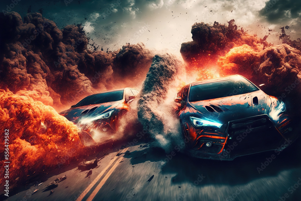 Rolgordijnen Crazy mad car chase, explosions sparks action. Sports cars are  a danger race for survival. Fire and flames from under the wheels. 3d  illustration - Nikkel-Art.be