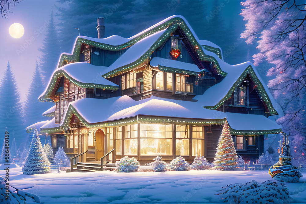 Digital Illustration of a picturesque Christmas Village Covered With Snow and Christmas Decorations, AI