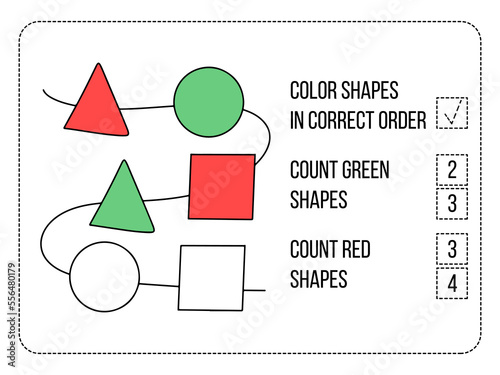 Color shapes game. Match by color. Education game for children. Worksheet for preschoolers. Activity for kids.