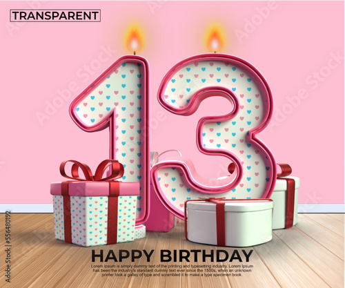 3D render number of Happy Birthday years. 13  anniversary of the birthday, Candle in the form of numbers with 3D gift elements. Vector illustration, pink color