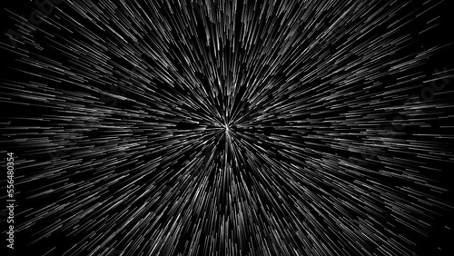 Endless road to bright future. Light at the end of tunnel. Divine essence. Flight across galaxy, space travel. Abstract fantastic background. Monochrome on black background 3D render