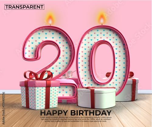 3D render number of Happy Birthday years. 20 anniversary of the birthday, Candle in the form of numbers with 3D gift elements. Vector illustration, pink color