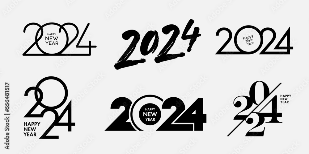 Big Set of 2024 Happy New Year logo text design. 2024 number design template. Collection of 2024 Happy New Year symbols. Vector illustration with black labels isolated on white background. - obrazy, fototapety, plakaty 