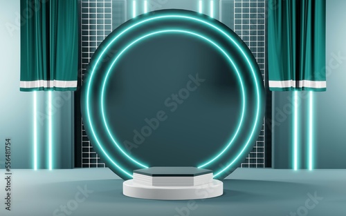 3D render of Podium background in blue tones for displaying cream products. cosmetics