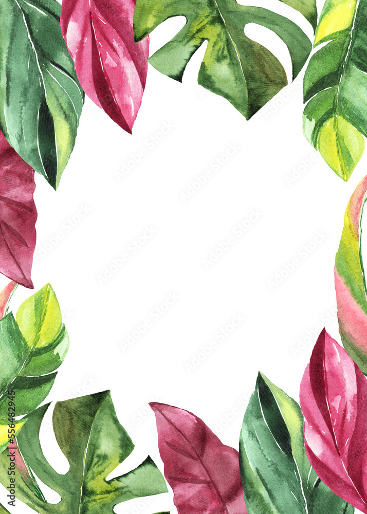 Fototapeta premium Tropical frame with green watercolor leaves and white background for your text.