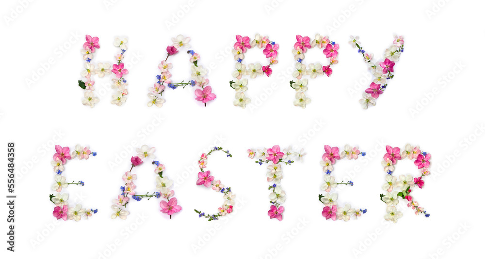 Happy Easter lettering text from of flowers apple tree and blue wildflowers forget-me-nots on white background. Top view, flat lay Happy Easter lettering text from of flowers apple tree and blue wildflowers forget-me-nots on white background. Top view, flat lay