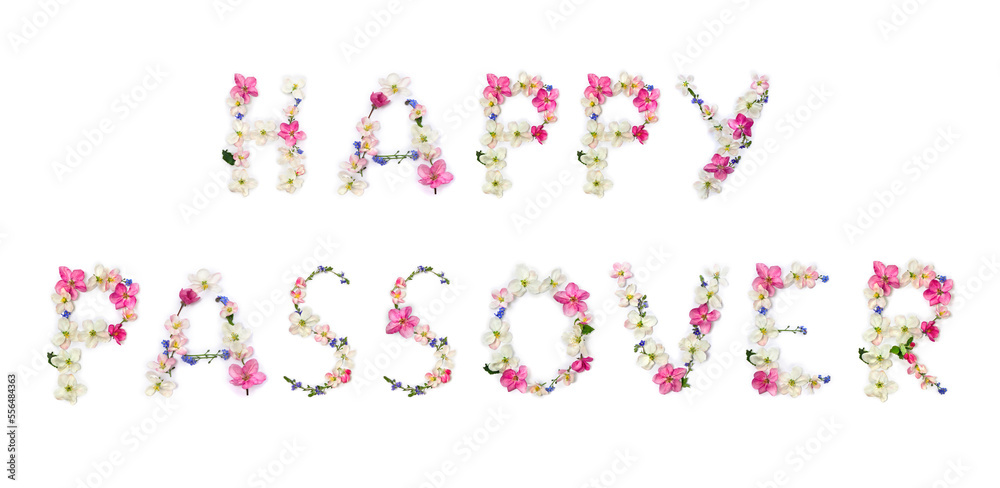 Happy Passover lettering text from of flowers apple tree and blue wildflowers forget-me-nots on white background. Top view, flat lay