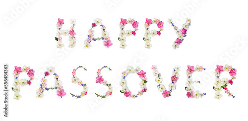 Happy Passover lettering text from of flowers apple tree and blue wildflowers forget-me-nots on white background. Top view, flat lay photo