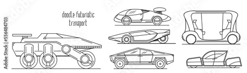 Vector black and white doodles. Set of various hand drawn futuristic transport. Moon rover, sports cars and electric vehicles. Simple line models.