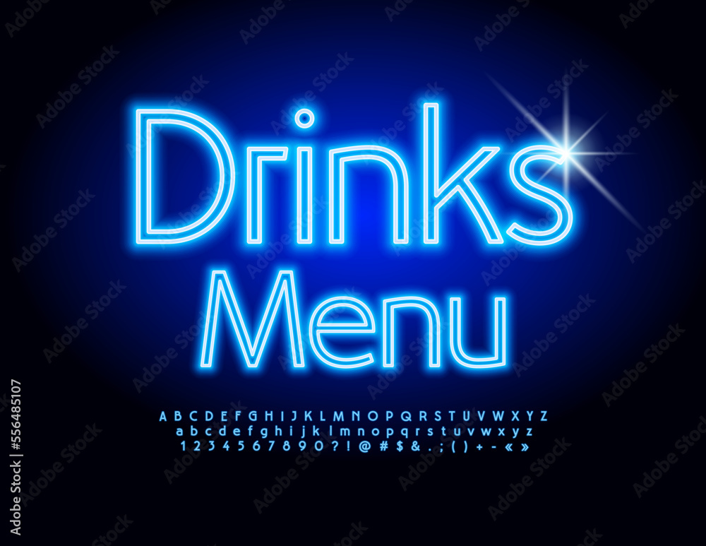 Vector glowing poster Drinks Menu. Elegant blue Font. Trendy Neon Alphabet Letters and Numbers set