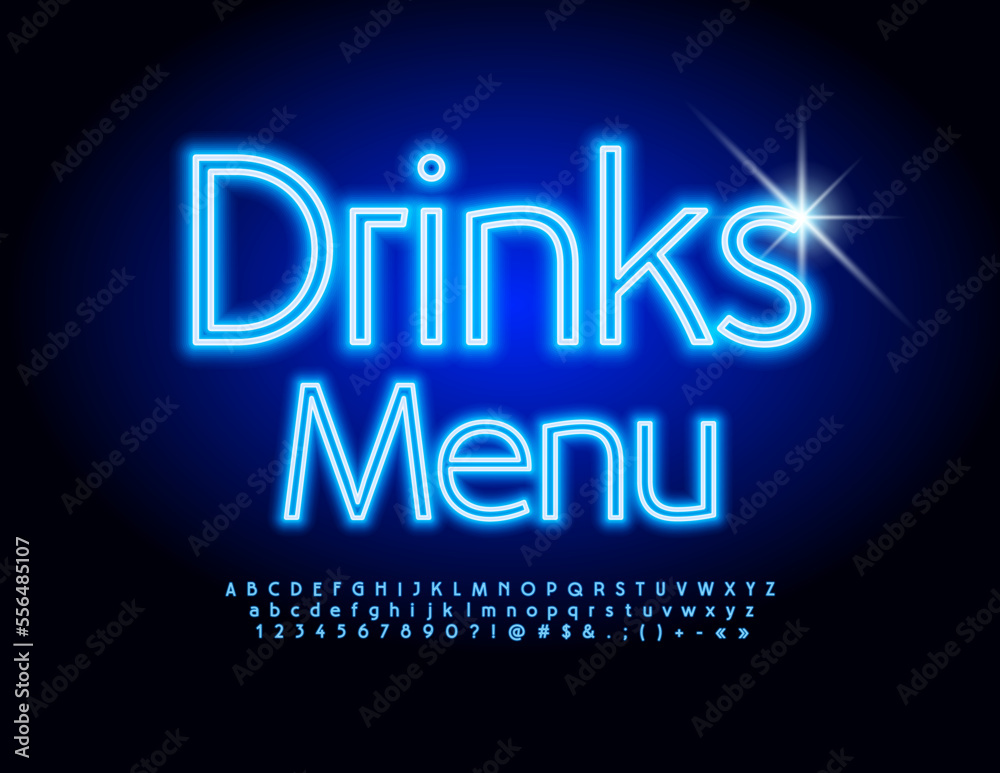 Vector glowing poster Drinks Menu. Elegant blue Font. Trendy Neon Alphabet Letters and Numbers set Vector glowing poster Drinks Menu. Elegant blue Font. Trendy Neon Alphabet Letters and Numbers set