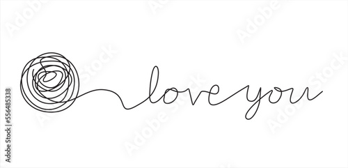 Chaos and love you abstract minimalist concept vector illustration. Metaphor of disorganized difficult problem, mess with black single continuous tangle thread in need of unraveling isolated on white