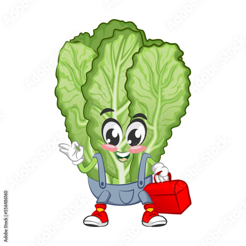 mascot vector illustration of a cute mustard green character to be a handiman with his toolbox photo