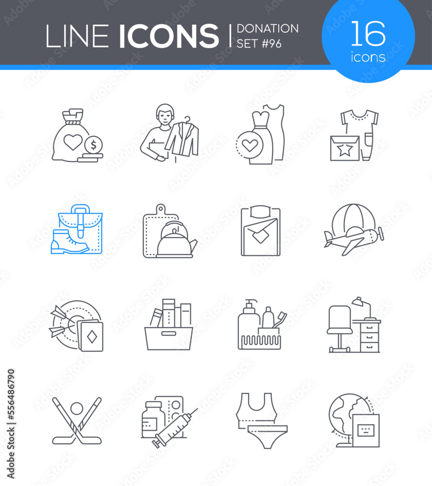 Donation of Essentials - line design style icons set