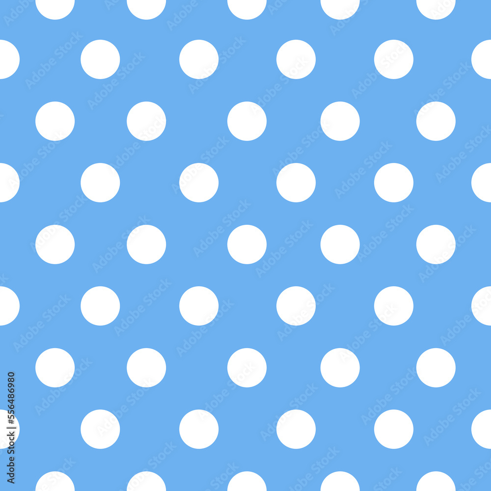 White polka dots on blue background.