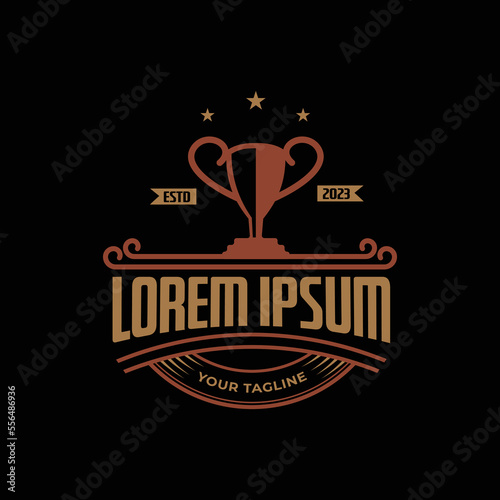 Vintage Retro Champion Trophy Cup Retro Sport design inspiration. Vintage monochrome label, sticker, patch with football trophy silhouette.on dark background