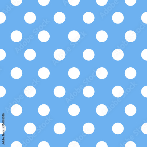 White polka dots on blue background.