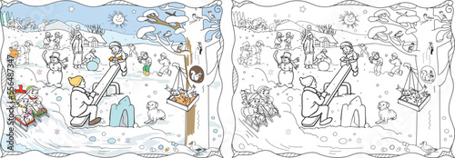 Vector Christmas horizontal line coloring page for kids with cute family characters. Black and white winter holiday illustration with family, house, snowman, animals. funny poster. Color and black and